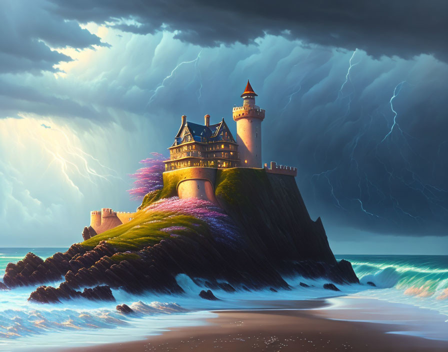 Castle with lighthouse on cliff in stormy sky above turbulent sea and wildflowers.