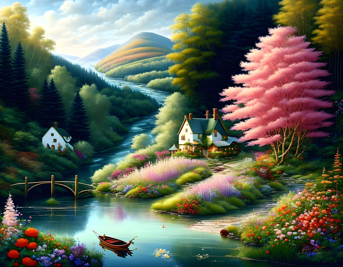 Colorful landscape with river, boat, houses, and lush hills under gleaming sky