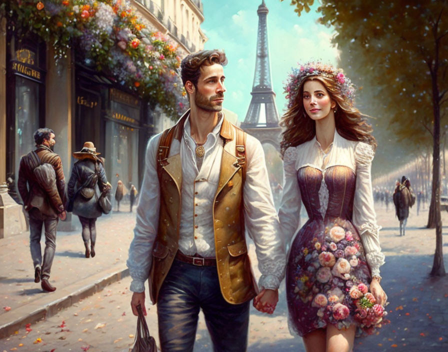 Elegant couple strolling in Paris with Eiffel Tower and autumn foliage.