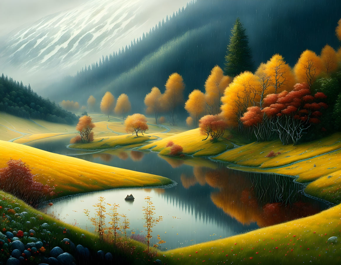 Tranquil autumn landscape with lake, trees, meadows, and mountain