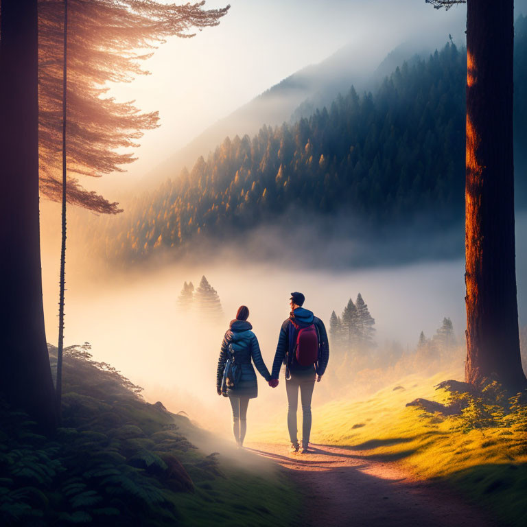 Couple walking in misty forest with sunlight and mountains