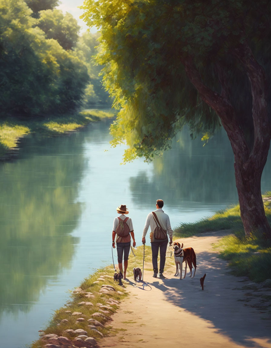 Tranquil scene of couple walking dog by calm river