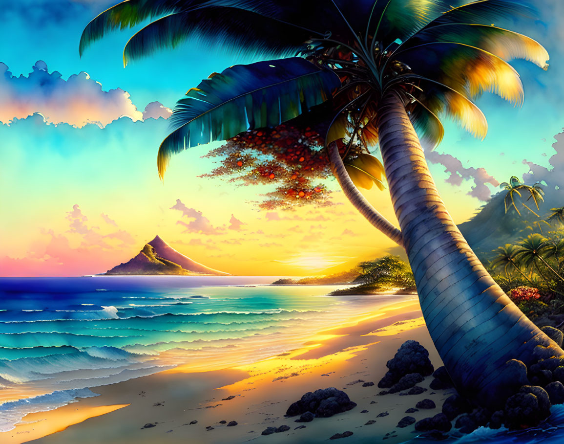 Scenic beach sunset with palm tree, golden sand, waves, and mountain silhouette