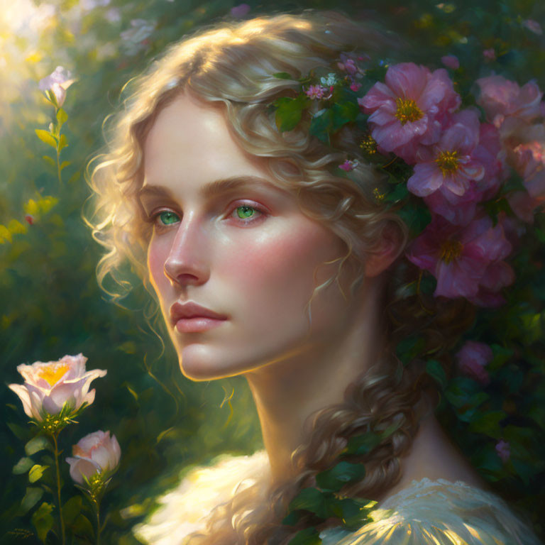 Portrait of woman with green eyes, surrounded by flowers and sunlight highlighting braided hair.