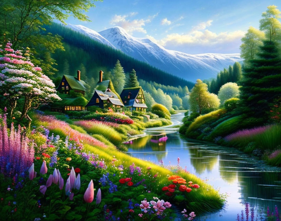 Colorful Flowers, River, Traditional Houses, Trees & Mountains