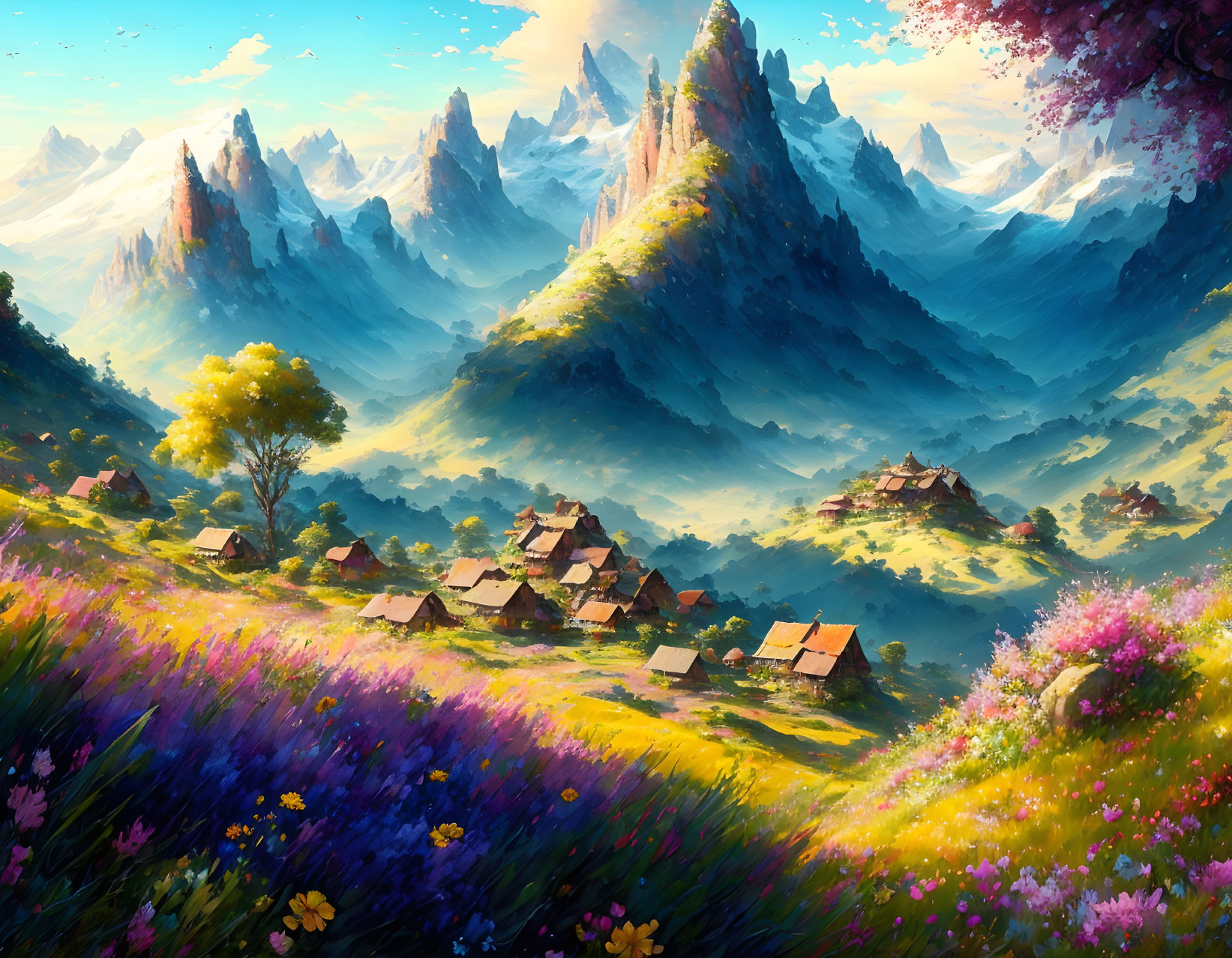 Scenic landscape with village, lavender fields, and mountains