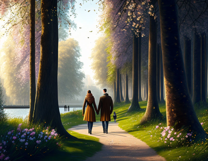 Couple walking hand-in-hand on scenic path with tall trees and blooming flowers