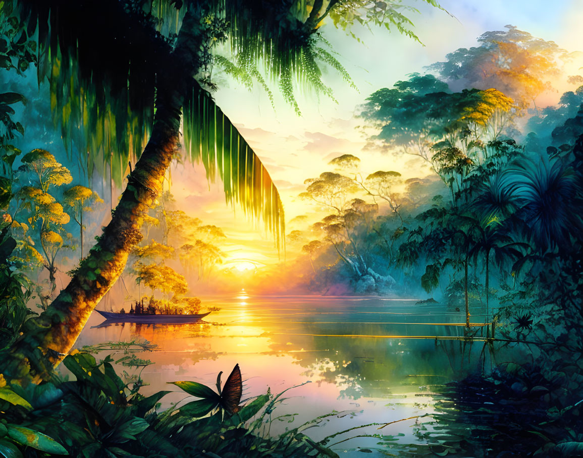 Tropical rainforest sunset scene with lush trees, river, and boat