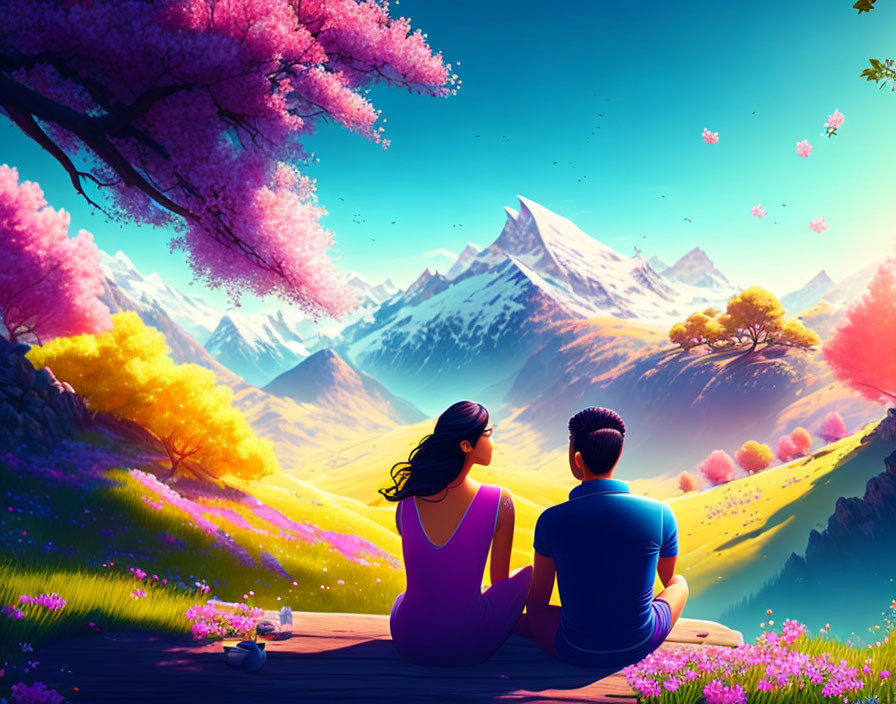 Cherry Blossom Scene: Two People, Snowy Mountains