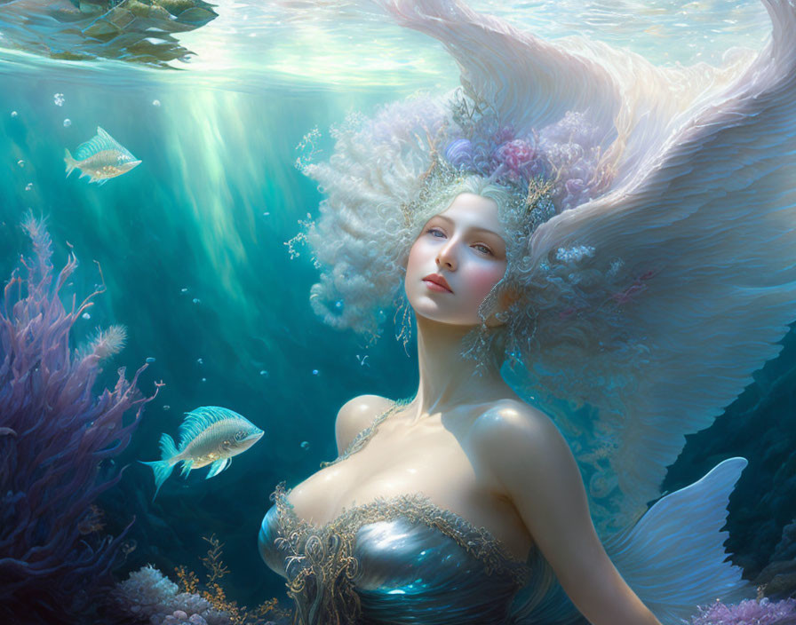 Ethereal woman submerged underwater with vibrant sea life and coral