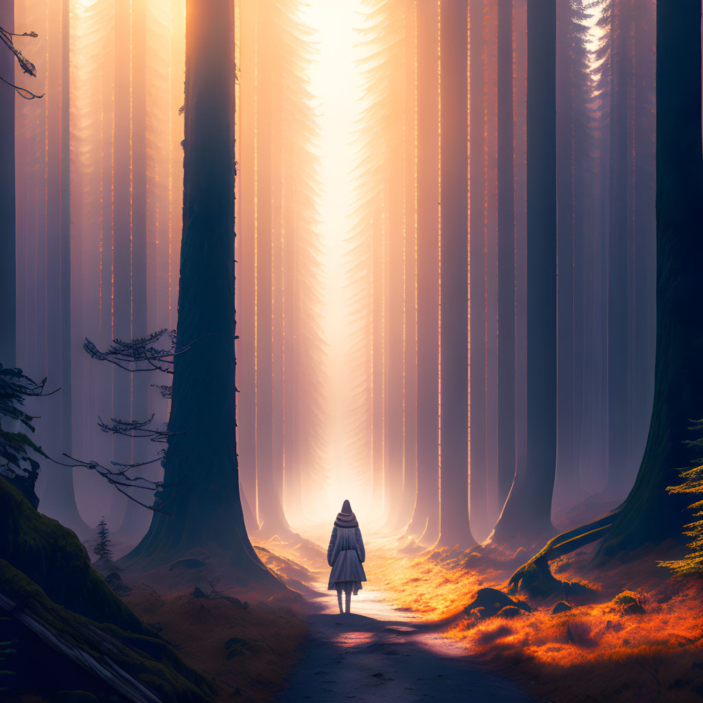 Mystical forest scene with solitary figure in golden light