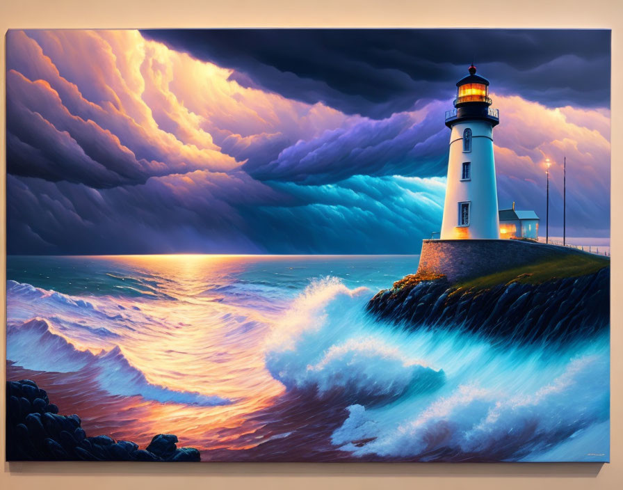 Vibrant painting of lighthouse on cliff with crashing waves and stormy sky