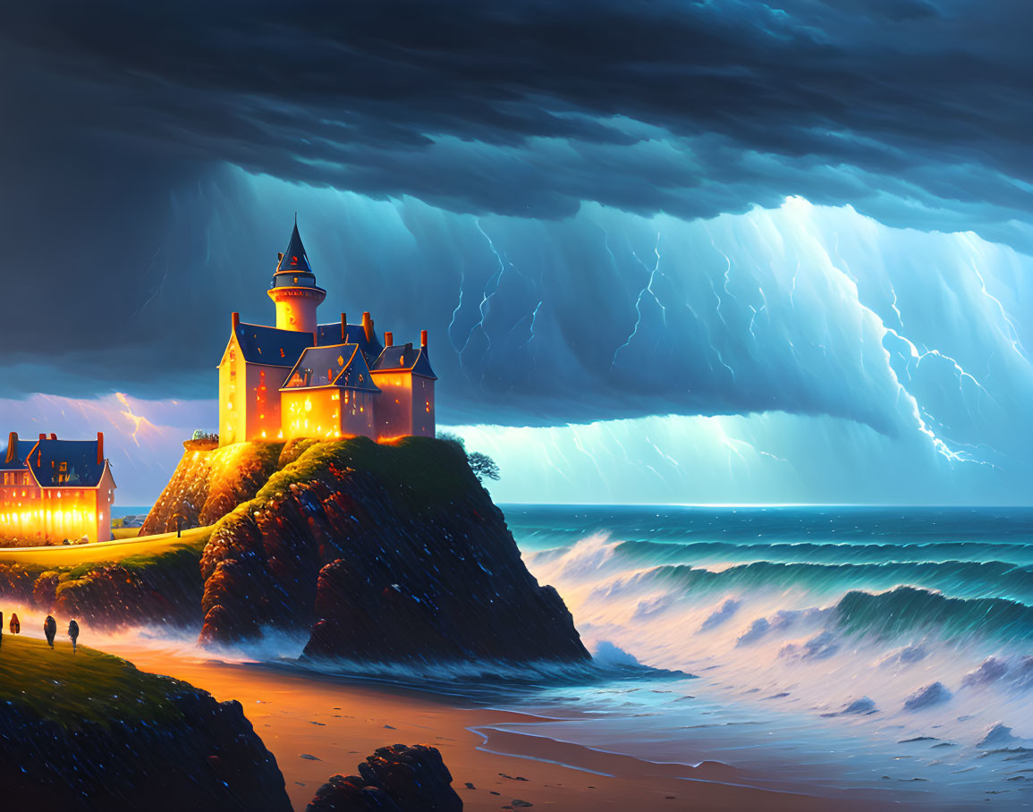 Nighttime seascape with illuminated castle, people watching waves, and dramatic lightning storm.