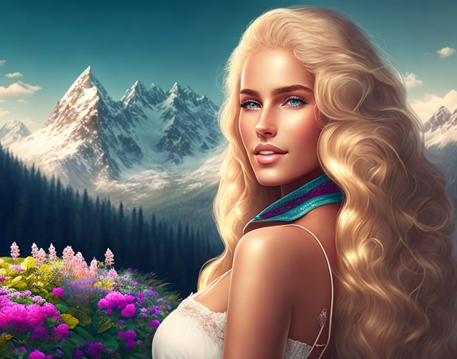 Blonde Woman Portrait with Snowy Mountains and Purple Flowers