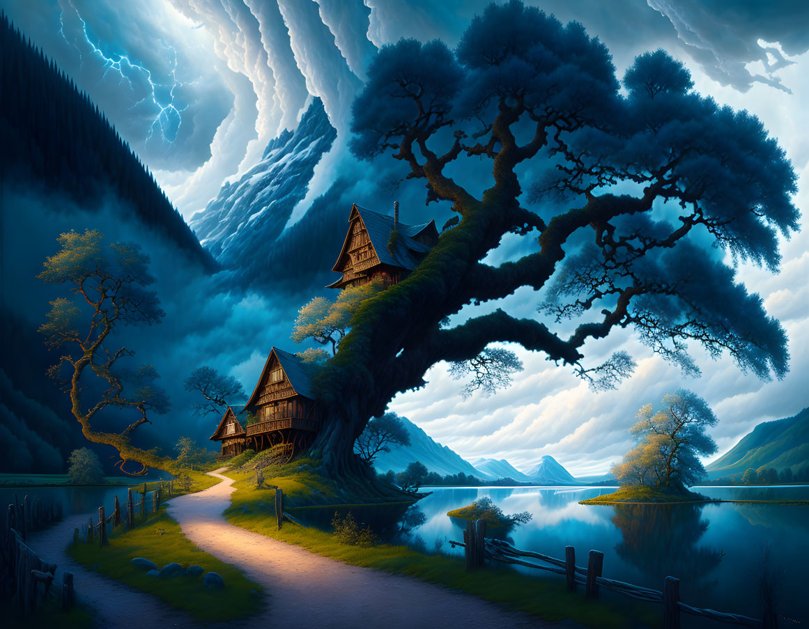 Enormous tree, traditional house, lightning sky, serene lake in mystical landscape