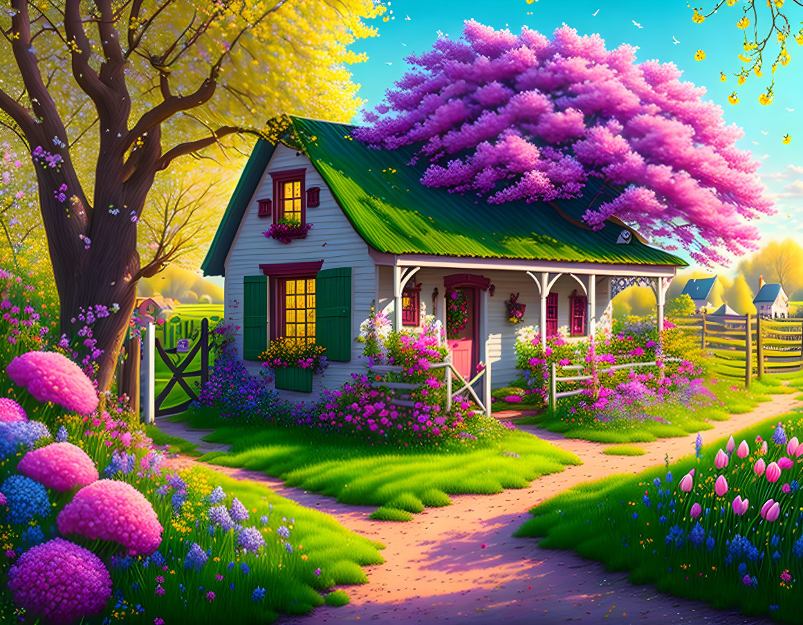 Charming cottage with green roof amidst colorful flowers and trees