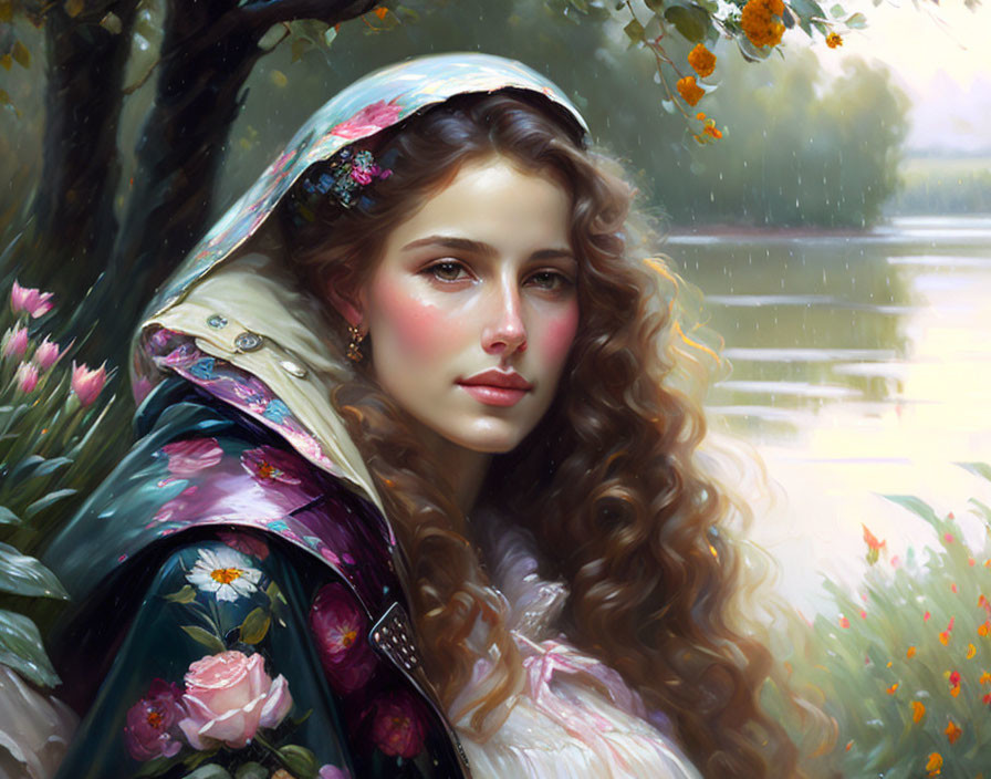 Woman with Wavy Brown Hair and Floral Scarf in Nature Scene