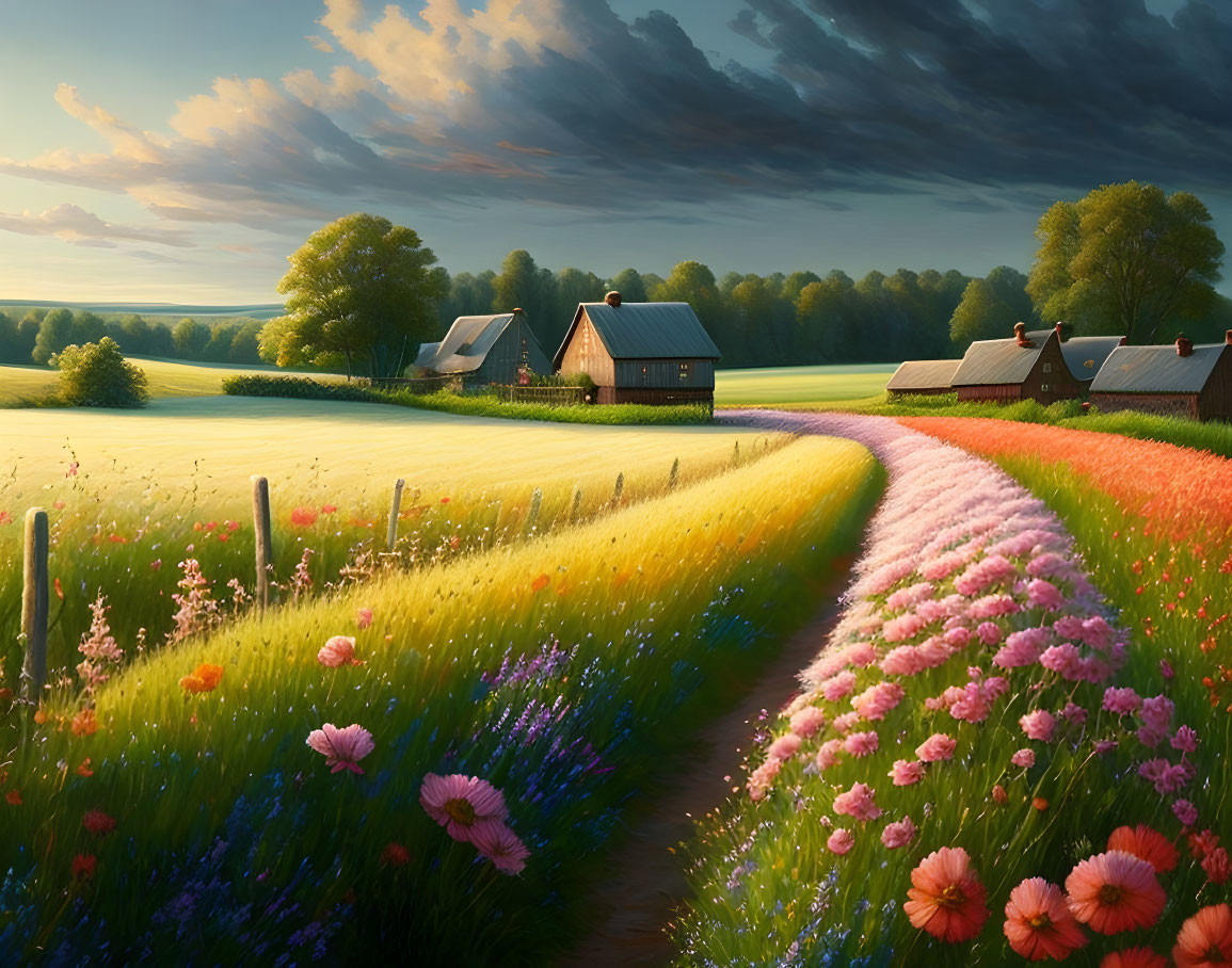 Vibrant wildflowers in rural sunrise landscape