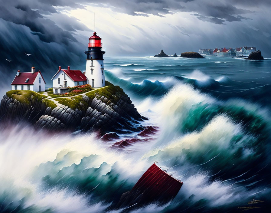 Stormy Coastal Scene: Lighthouse, Cliffs, Waves, Houses