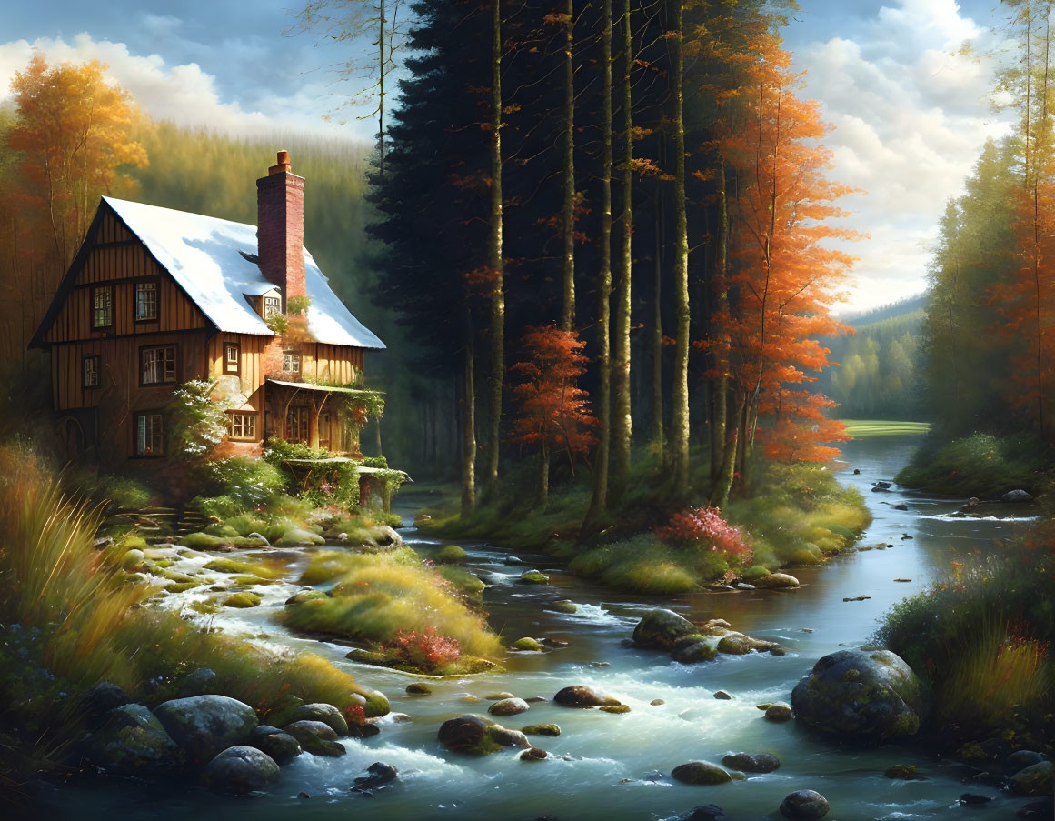 Tranquil autumn landscape with rustic house near stream