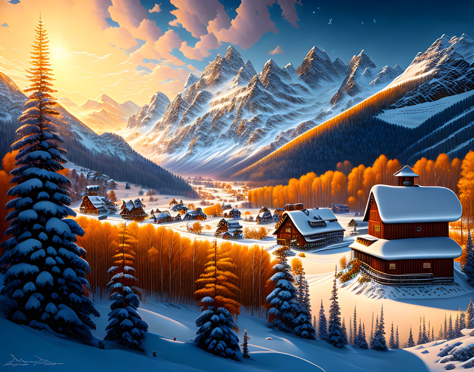 Snow-covered village nestled among trees with mountains and orange sky.