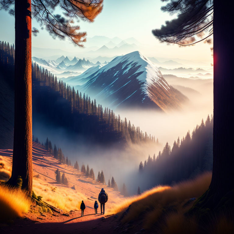 Hikers on misty trail with mountain silhouettes at sunrise or sunset