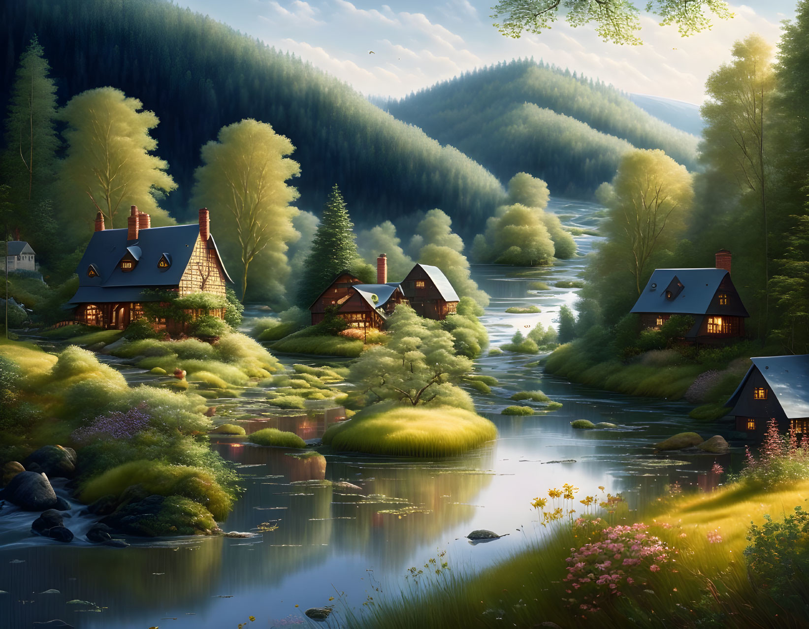 Scenic valley with cottages, river, forested hills & golden light