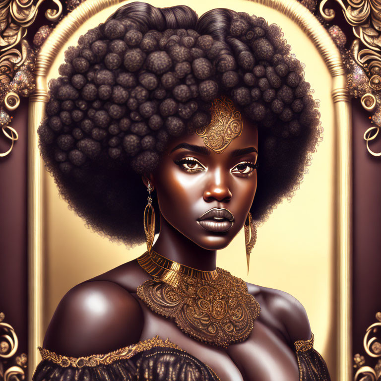 Detailed Afro Woman Portrait with Gold Jewelry and Patterns