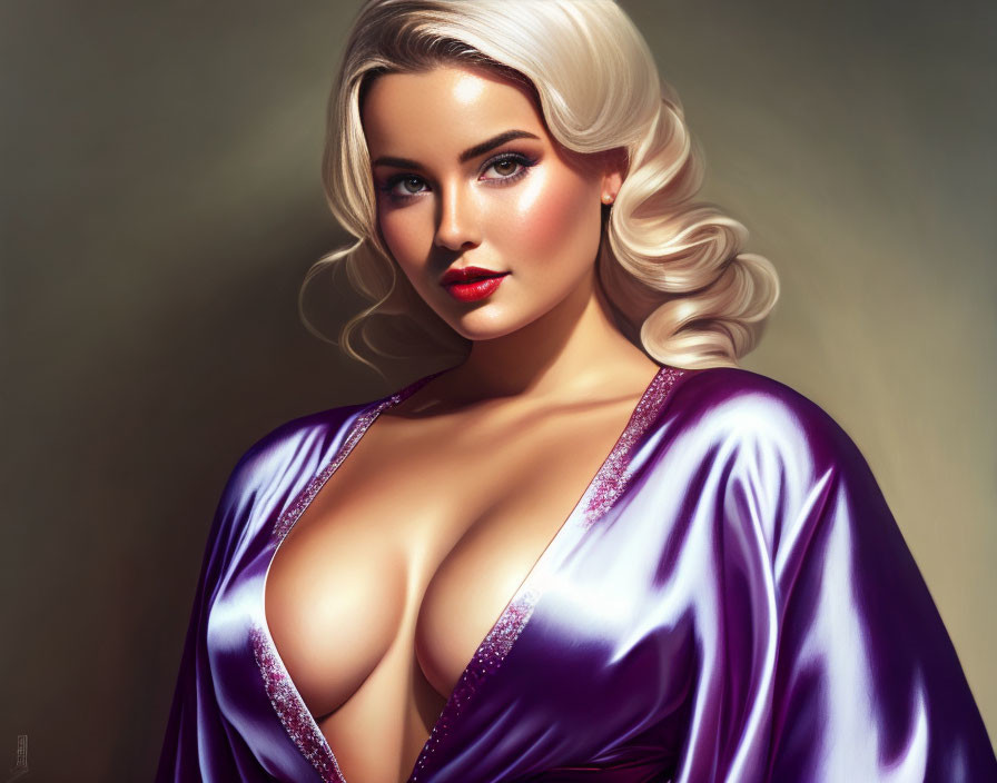 Blonde Woman Portrait in Purple Satin Robe