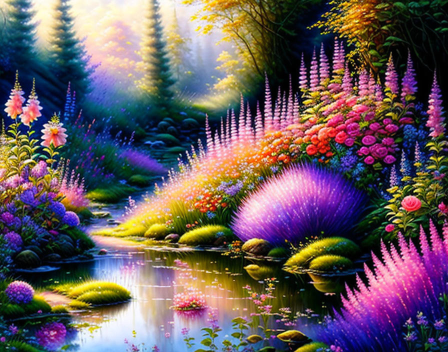 Lush forest painting with stream, flowers, and soft light