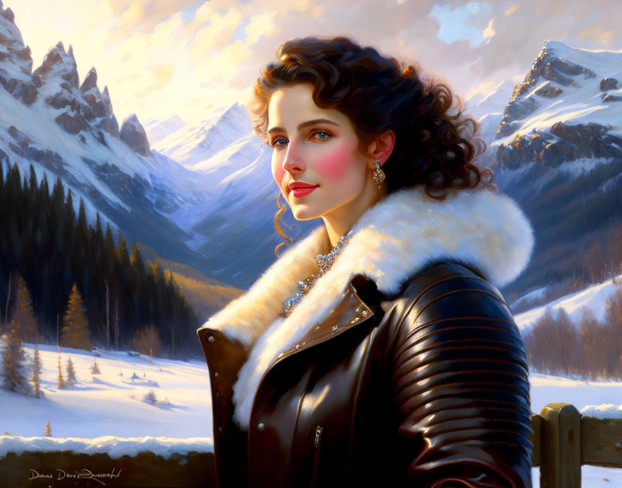 Curly Haired Woman in Fur-Trimmed Jacket with Snowy Mountain Background