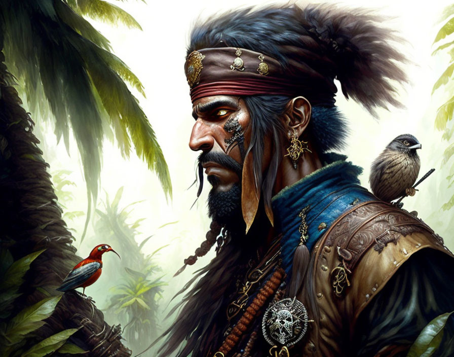 Warrior-themed digital painting with stern man, beads, headband, birds, and jungle.