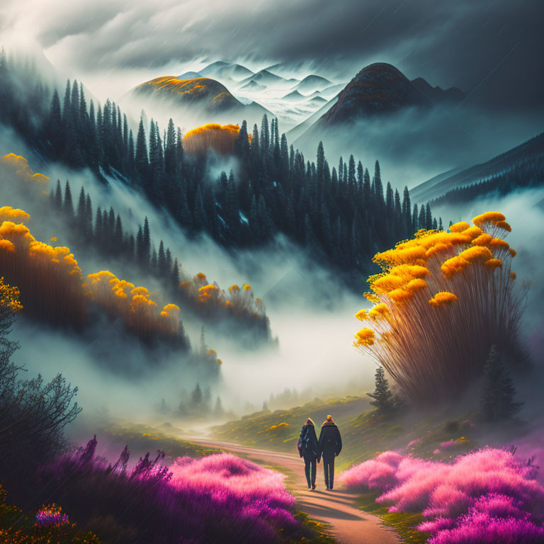 Couple walking in surreal landscape with vibrant flowers, misty mountains, and rolling hills