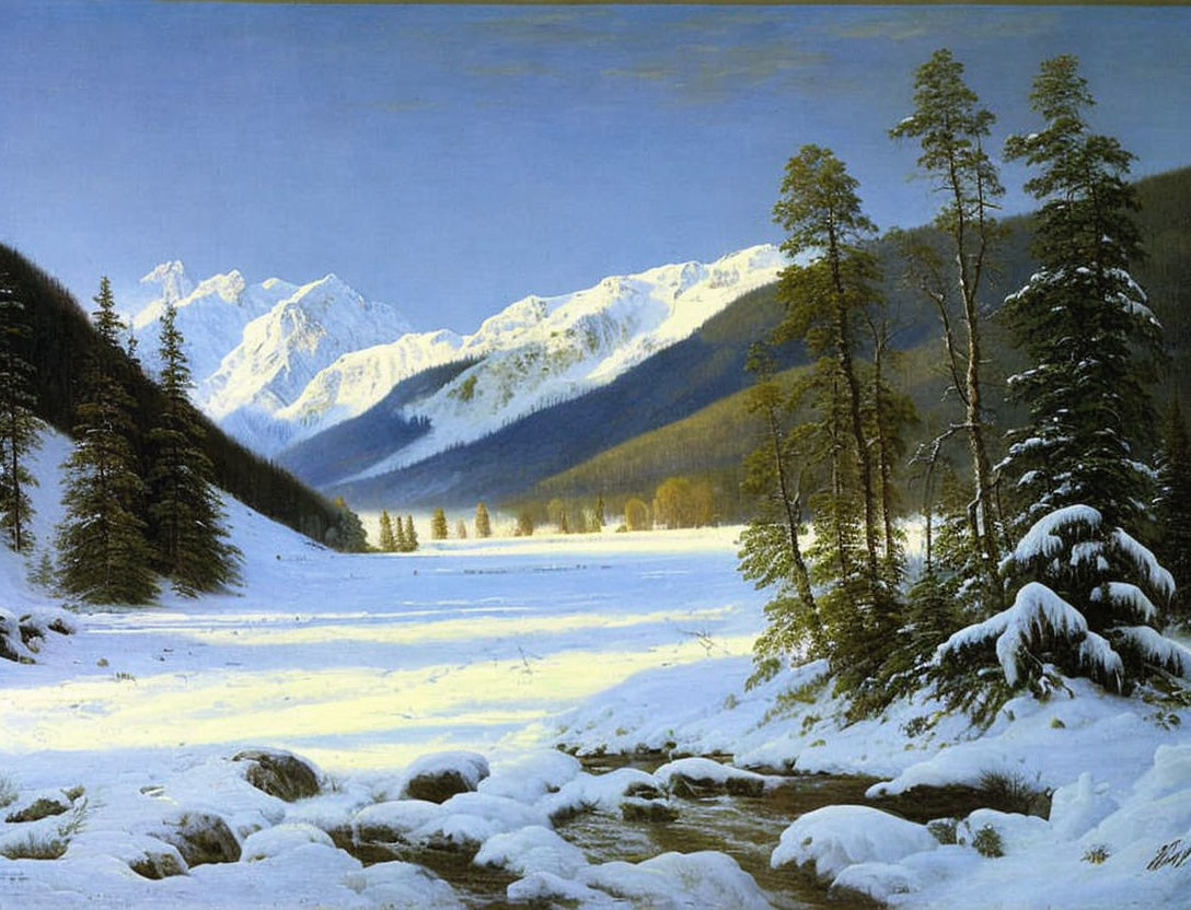 Snowy Winter Landscape Painting with Pine Trees and Frozen River