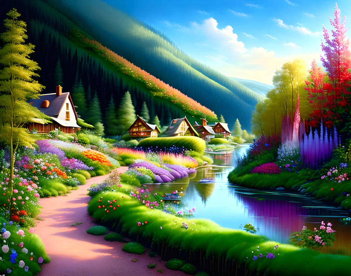 Colorful village scene with gardens by a serene river