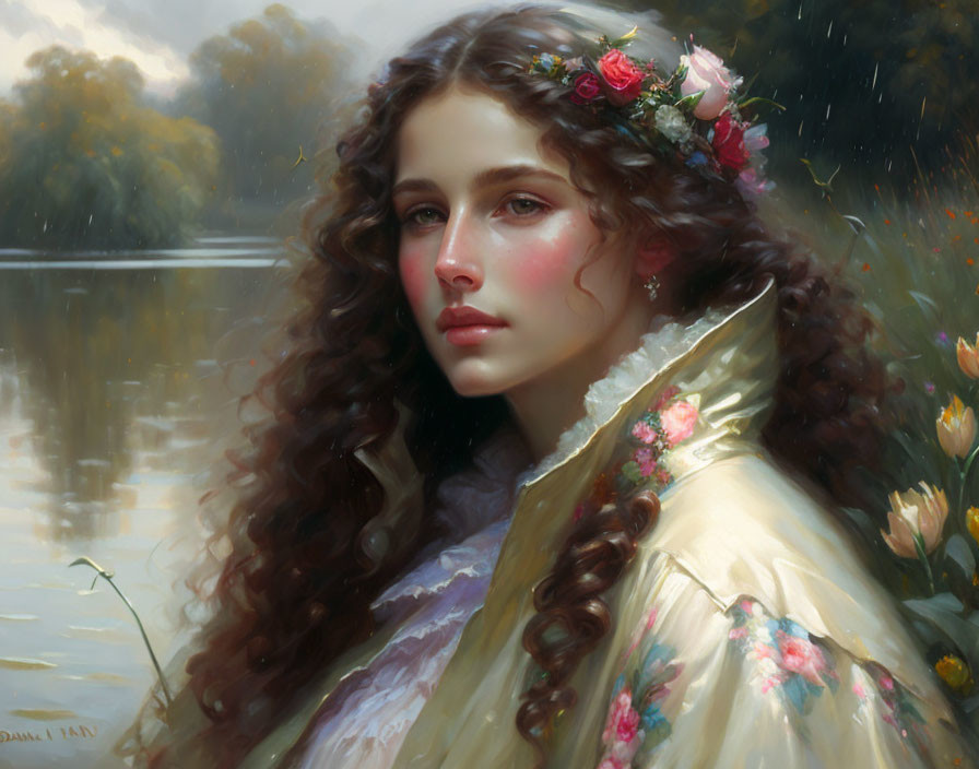 Portrait of young woman with curly hair in yellow cloak by lake in soft light