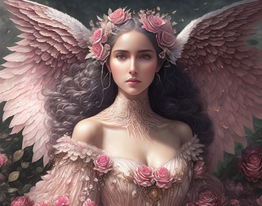 Fantasy portrait of woman with pink feathered wings and floral crown in ornate dress among blooming