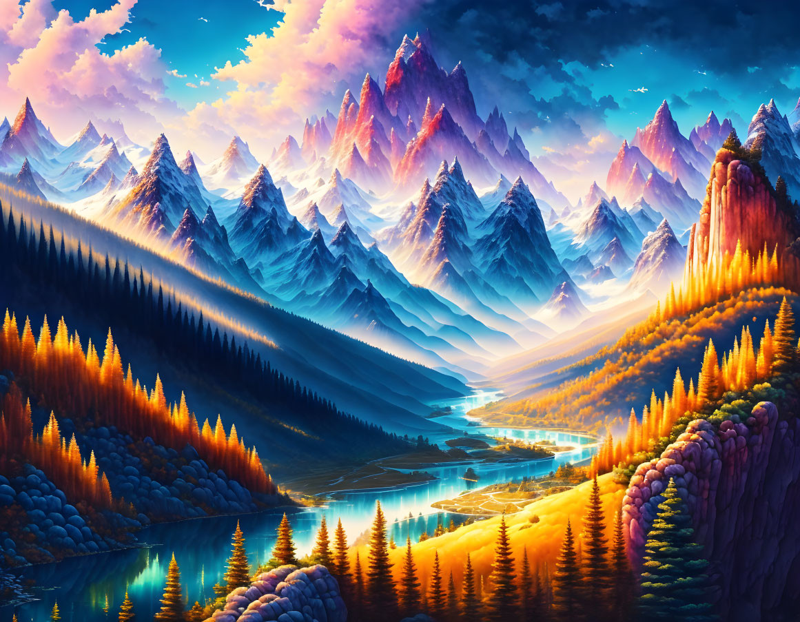 Scenic digital artwork: mountain range, river, autumn forest, sunset sky