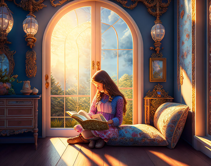 Young girl reading book by large arched window at sunset in ornate room