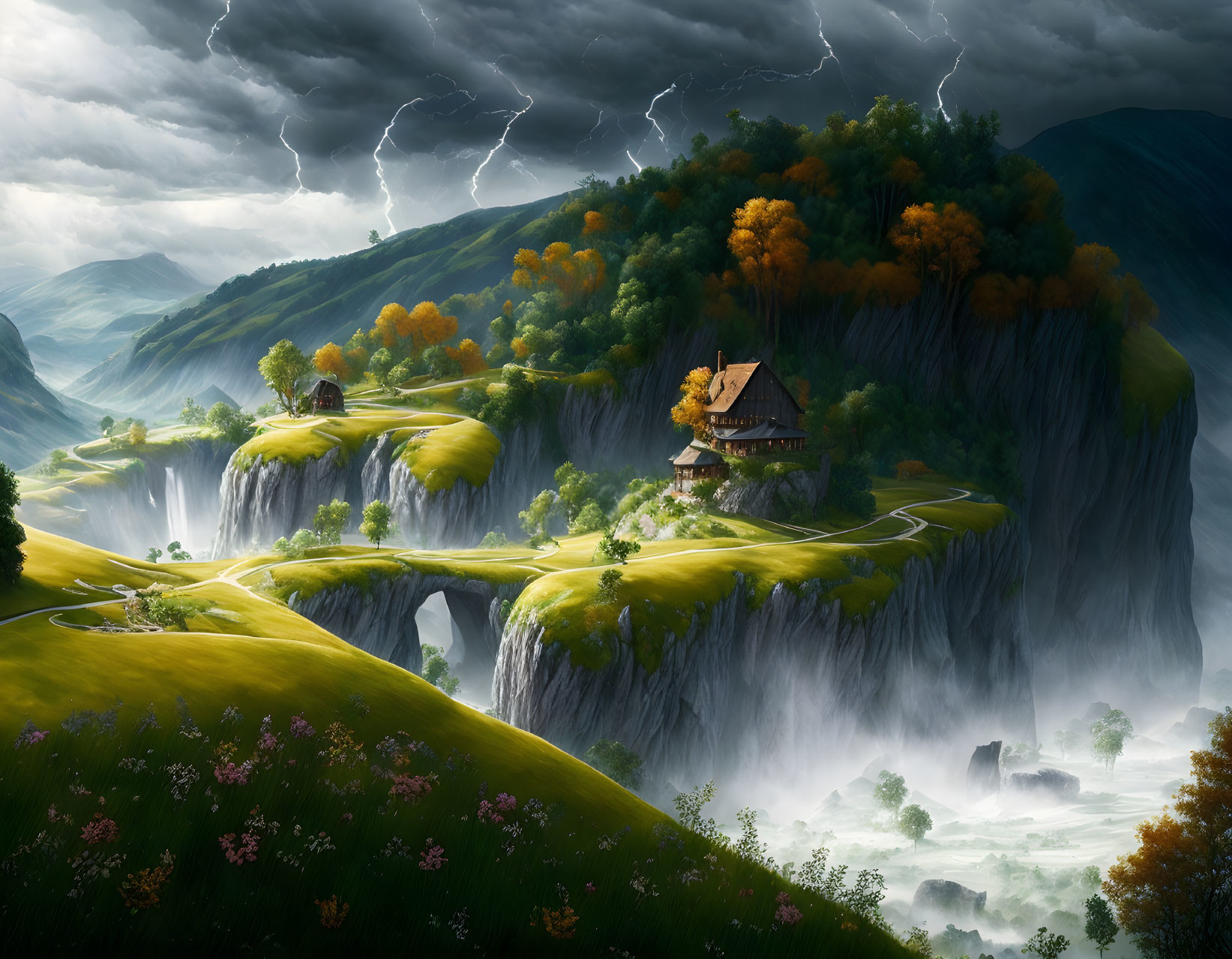 Fantasy landscape with two houses on cliffs, winding roads, waterfalls, and stormy sky