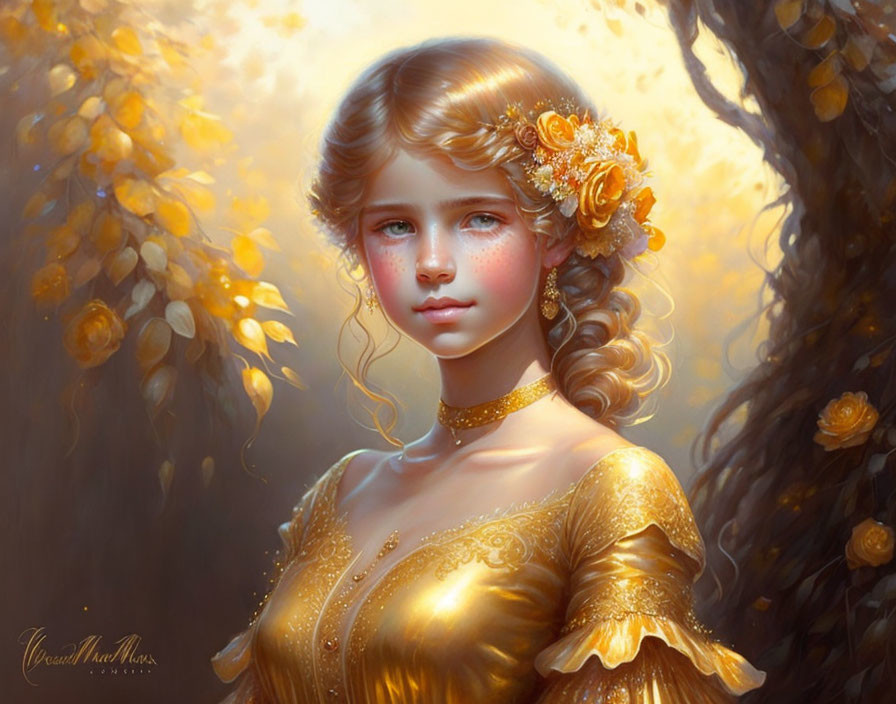 Blonde Curled Girl with Golden Flowers in Hair and Dress in Sunlit Forest