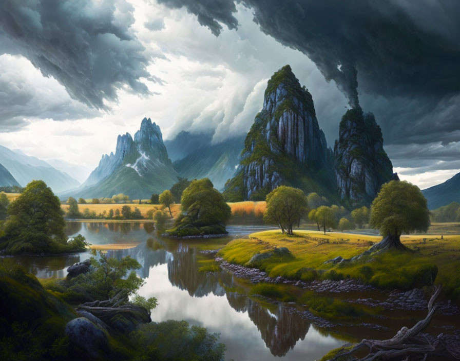 Tranquil landscape with river, trees, mountains, and storm clouds