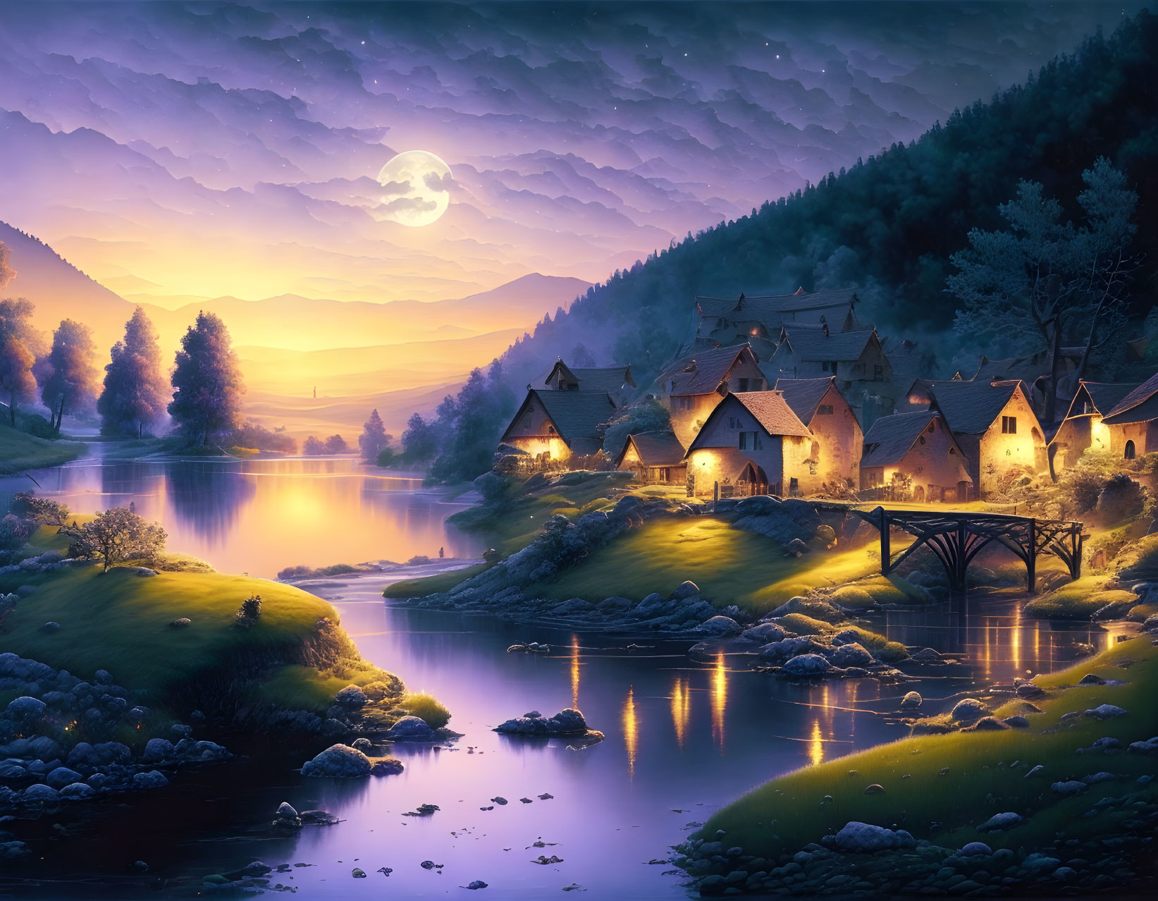 Scenic village by river: lit cottages, bridge, full moon, twilight.