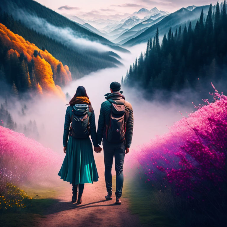 Couple holding hands in colorful misty forest with mountains at dusk