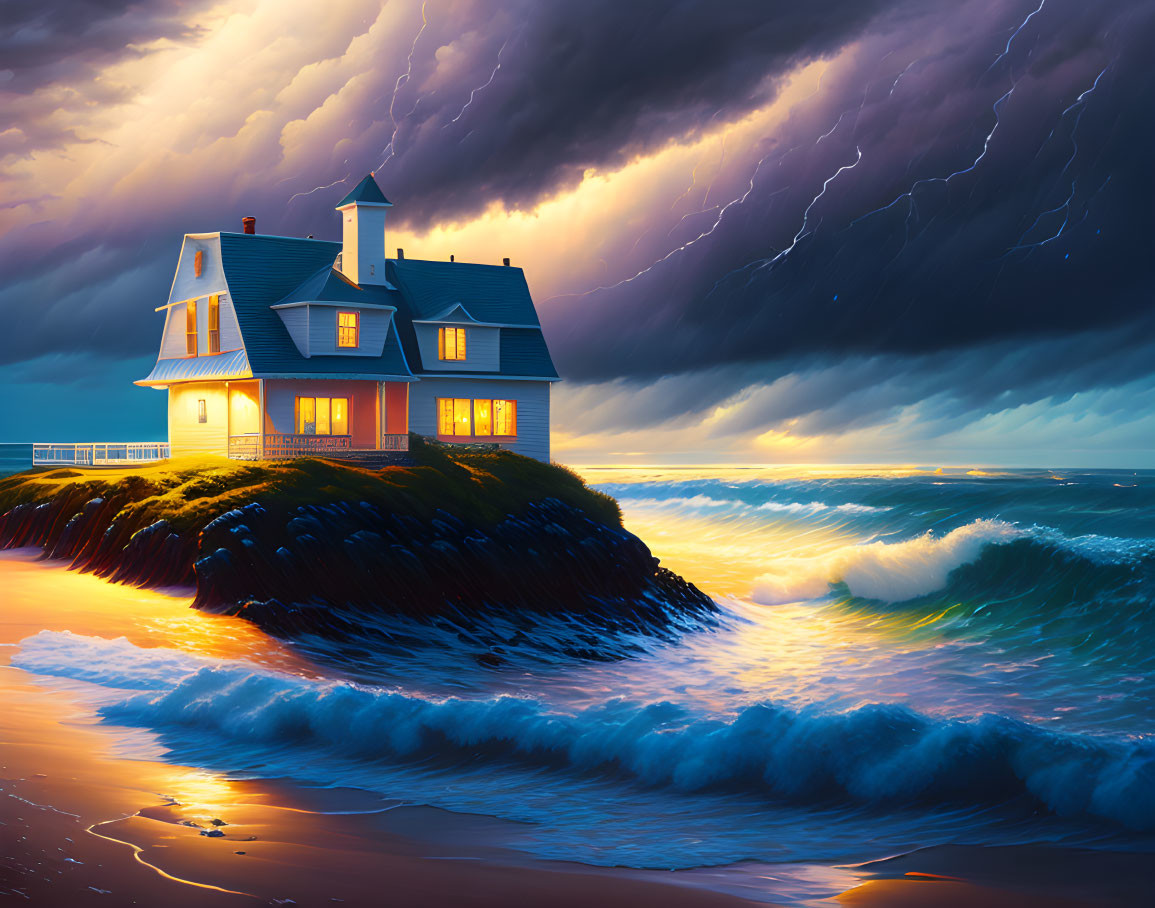 Cliffside house with glowing lights, stormy sky, and crashing waves