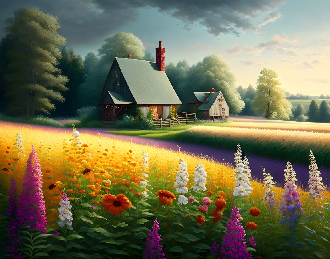 Scenic countryside landscape with vibrant flowers, wooden houses, and serene river at sunset