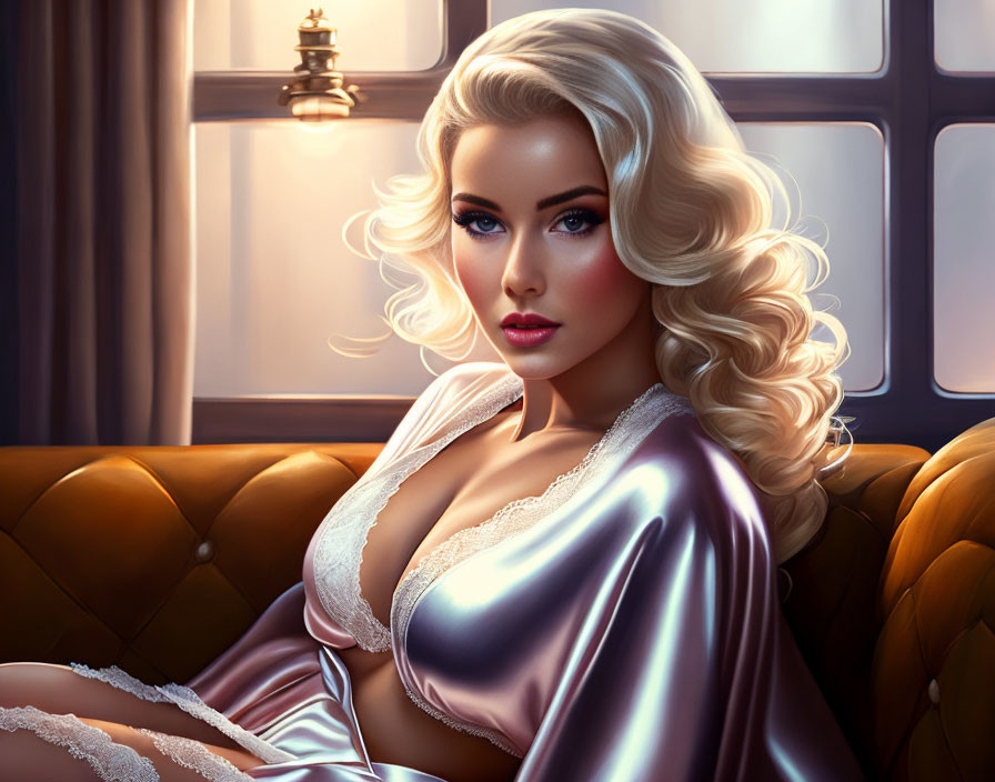 Blonde Woman in Silk Robe Sitting on Leather Sofa