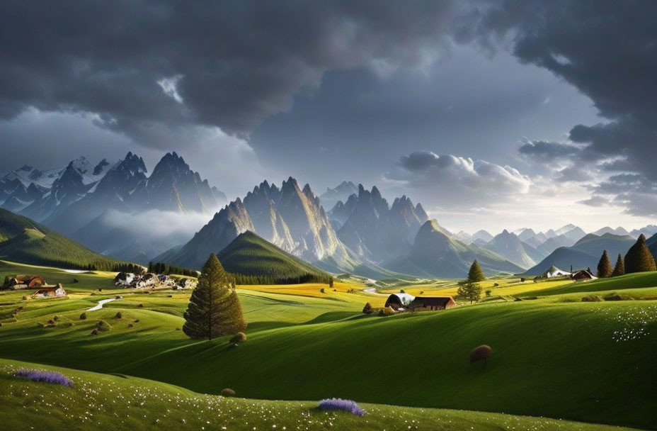 Scenic landscape: green hills, houses, mountains, dynamic sky