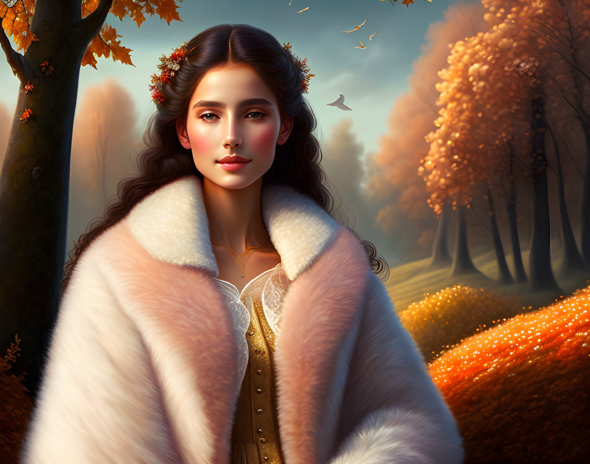 Woman in white fur coat with autumn leaves in hair in serene fall forest