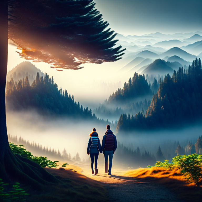 Scenic landscape with two people walking towards mountains under a giant tree